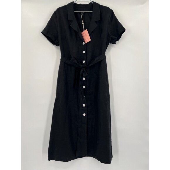 Quince Dresses & Skirts - Quince Women's Black Linen Button Front Dress sz M Midi A-Line Belt Short Sleeve